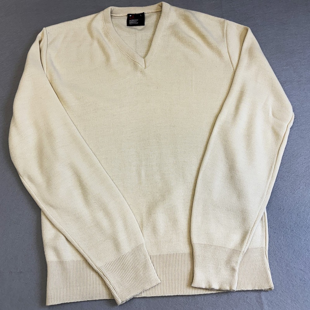 Robert Bruce Sweater Mens Large L Cream Pullover Orlon Long Sleeve V-Neck USA